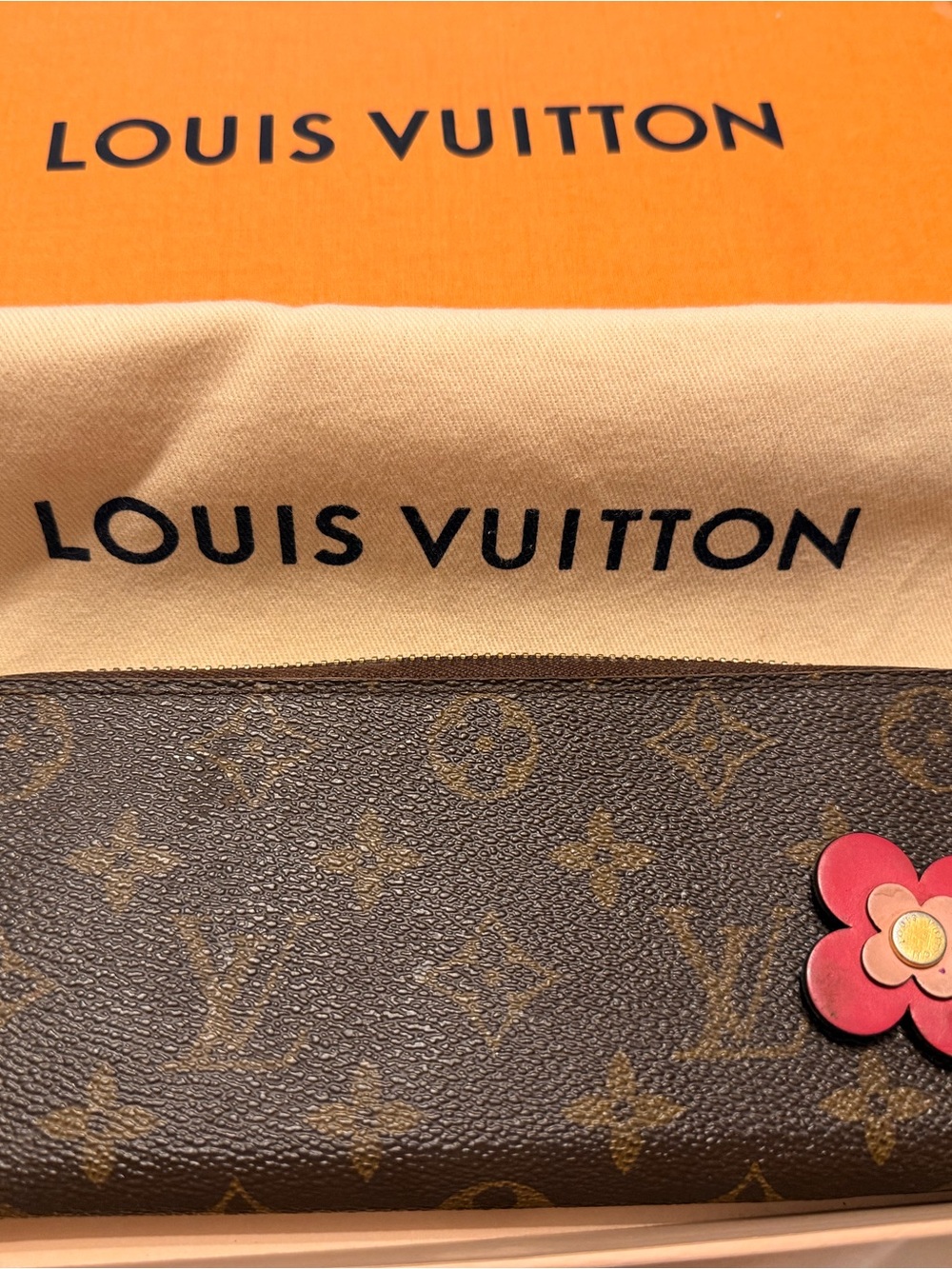 Louis Vuitton Brown Monogram Wallet with Pink and Cream Flower Accent